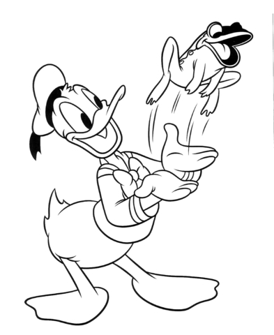 Donald Duck With Frog  Coloring Page